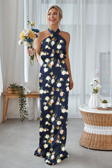 Navy Bloom Skede halterneck hals Satin lang brudepigekjole